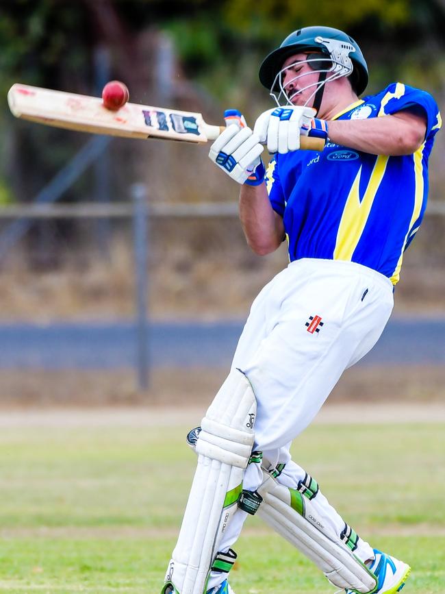 Mareeba Cricket player Brendan Falvo swings and hits the ball at Borzi Park, Mareeba. PHOTO: PETER ROY PHOTOGRAPHY