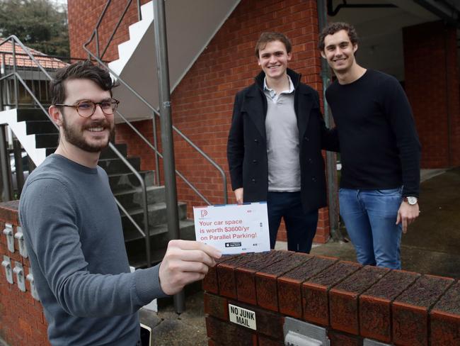 (L-R) Alex Peck, Peter Carey and Jack Perkins have set up an app, Parallel Parking, after finding it difficult to find a parking spot at UNSW. Picture: Craig Wilson