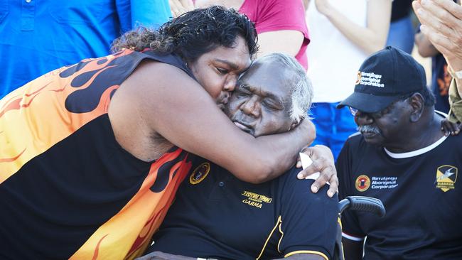 Dr Galarrwuy Yunupingu AC with daughter Binmila Yunupingu in 2018. Picture: Melanie Faith / Yothu Yindi Foundation