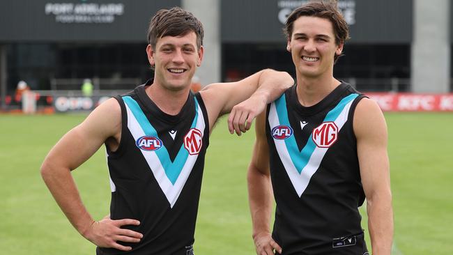 Port Adelaide vice-captain Zak Butters and captain Connor Rozee at Alberton Oval. NCA NewsWire / David Mariuz