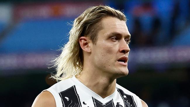 MELBOURNE, AUSTRALIA - JULY 05: Darcy Moore of the Magpies looks dejected after a loss during the 2024 AFL Round 17 match between the Collingwood Magpies and the Essendon Bombers at Melbourne Cricket Ground on July 05, 2024 in Melbourne, Australia. (Photo by Michael Willson/AFL Photos via Getty Images)