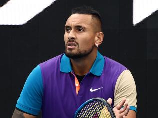 MELBOURNE, AUSTRALIA - FEBRUARY 08: Nick Kyrgios of Australia looks on in his Men's Singles first round match against Frederico Ferreira Silva of Portugal during day one of the 2021 Australian Open at Melbourne Park on February 08, 2021 in Melbourne, Australia. (Photo by Cameron Spencer/Getty Images)