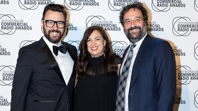 Mike Fitzpatrick, Jane Kennedy and Mick Molloy at the 2019 ACRAs in Brisbane. Picture: Supplied.