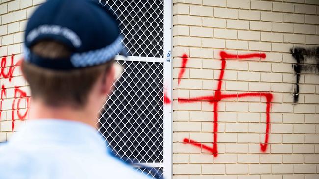 Police on scene at Southern Sydney Synagogue which was vandalized with anti-sematic graffiti overnight. Picture: Tom Parrish