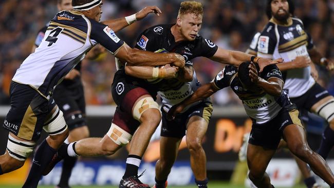 Action from the Brumbies v Sharks.