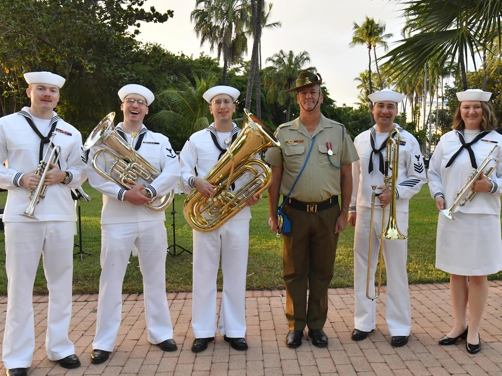 Dawn Service at Anzac Park for 83rd commemoration of Battle of Coral Sea. US Seventh Fleet Band members Musician 2nd Class Joseph Beaver, Musician 3rd Class Sean Eberlin, Musician 2nd Class Zachary Buckland, Musician 1st Class Kenji White and Musician 3rd Class Christina Taralson with 1RAR Band Musician Tim William. Picture: Evan Morgan