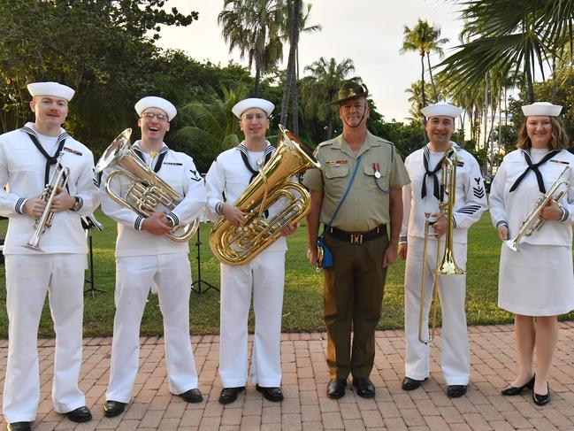 Dawn Service at Anzac Park for 83rd commemoration of Battle of Coral Sea. US Seventh Fleet Band members Musician 2nd Class Joseph Beaver, Musician 3rd Class Sean Eberlin, Musician 2nd Class Zachary Buckland, Musician 1st Class Kenji White and Musician 3rd Class Christina Taralson with 1RAR Band Musician Tim William. Picture: Evan Morgan