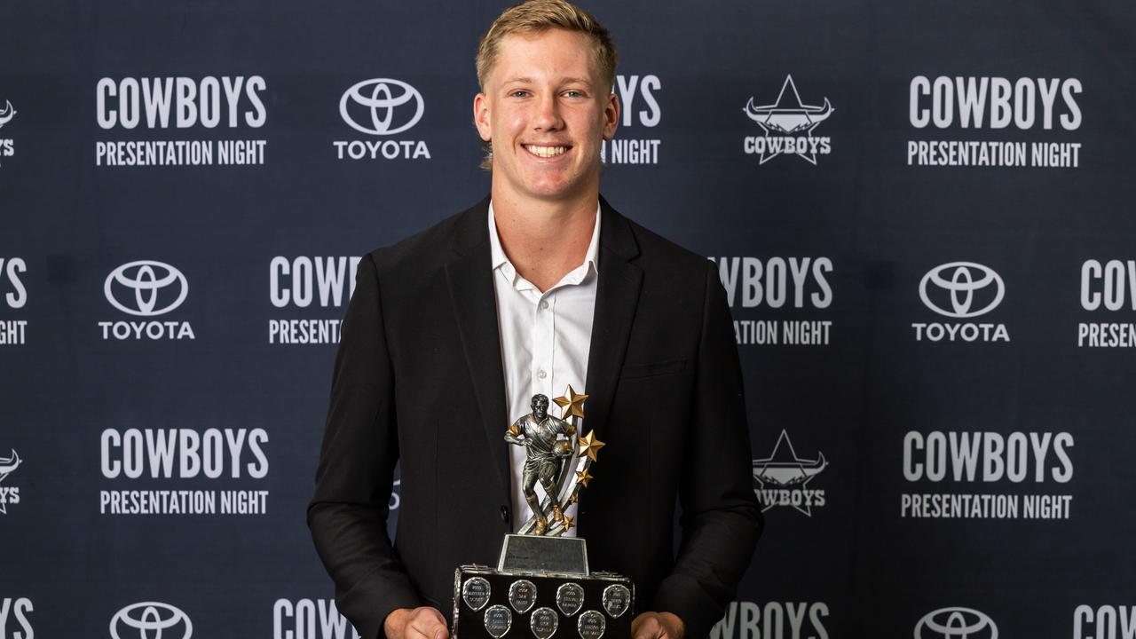 Jaxon Purdue claims NRL Rookie of the Year at the North QLD Cowboys 2024 Awards Presentation Night. 30/09/2024. Photo: Michael Chambers.