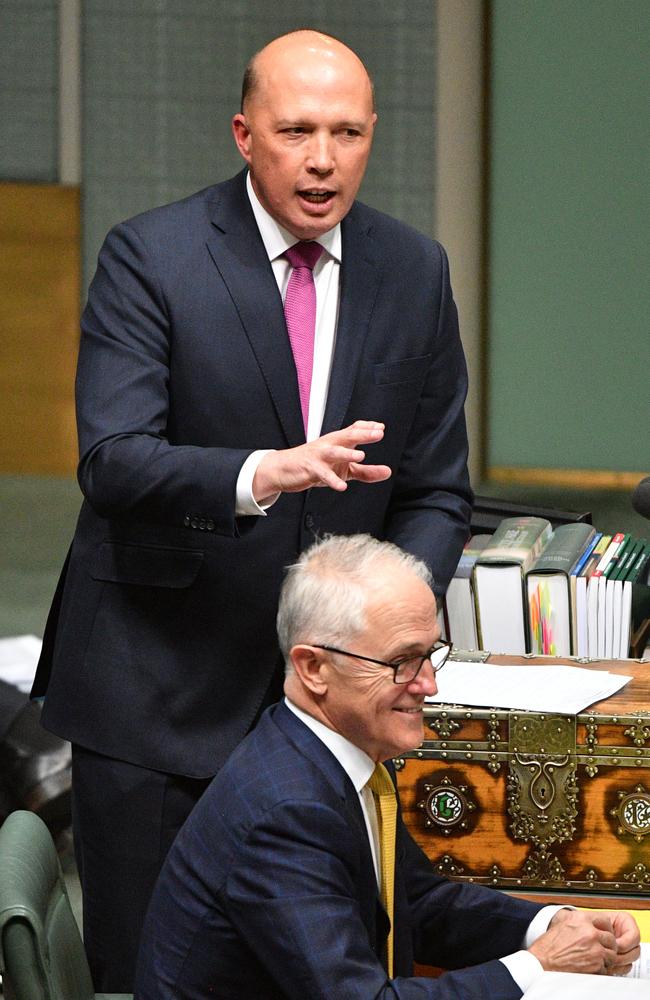 Minister for Home Affairs Peter Dutton and Prime Minister Malcolm Turnbull during Question Time on Thursday, August 16. Picture: AAP