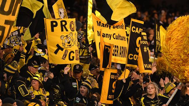 The Richmond cheersquad during the qualifying final win over Geelong.