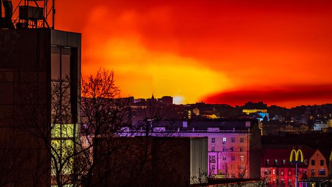 Fire and smoke lighting up the night sky, east of Kharkiv. Picture: FADEL SENNA / AFP.