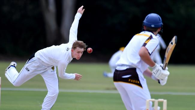 St Laurence's College bowler Marlon Peters Padua College v St Laurence's College Saturday February 12, 2022. Picture, John Gass