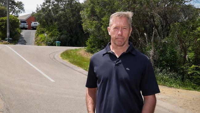 Peter Meuleman at the crash site on the corner of Melbourne Road and Ridley Street in Blairgowrie where his son Ryan who was a teenager in 2013, was involved in a collision on his bike with the car of then opposition leader Dan Andrews which was being driven by his wife Cath Andrews. Picture: Ian Currie