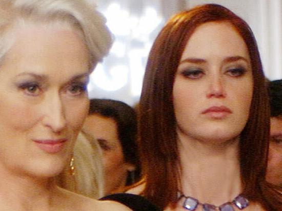 Actor Meryl Streep (c) with Anne Hathaway (l) and Emily Blunt (r) in scene from film "The Devil Wears Prada". /Films/Titles/Devil/Wears/Prada