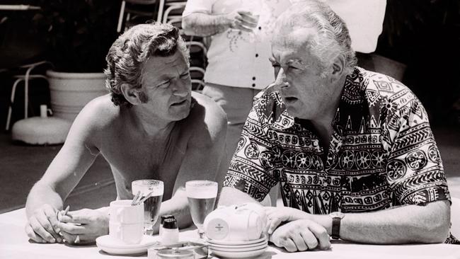 Bob Hawke and Prime Minister Gough Whitlam enjoy the ALP conference in 1975. Picture: Supplied