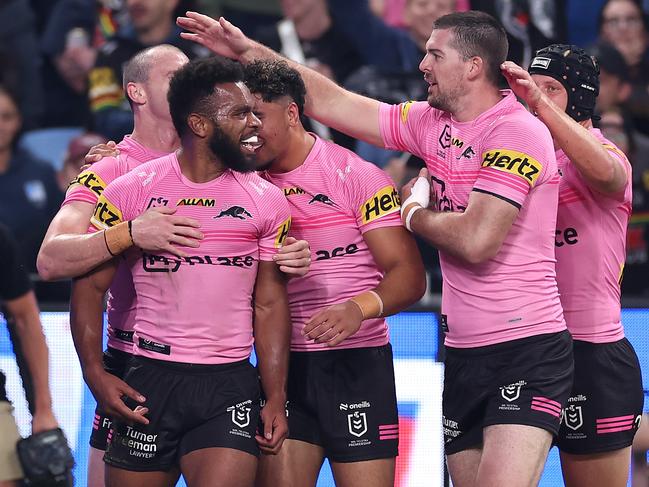 SYDNEY, AUSTRALIA - MARCH 28:  Sunia Turuva of the Panthers celebrates with team mates after scoring a try during the round four NRL match between Sydney Roosters and Penrith Panthers at Allianz Stadium on March 28, 2024, in Sydney, Australia. (Photo by Cameron Spencer/Getty Images)