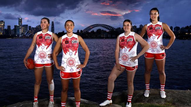 The Swans will be running out for their clash against Hawthorn with a guernsey designed by their own player, Aliesha Newman. Picture: Phil Hillyard