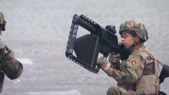 Testing is underway on a military-grade counter drone system to protect the Sydney Harbour Bridge from drones. This is a DroneGun from Drone Shield in use.