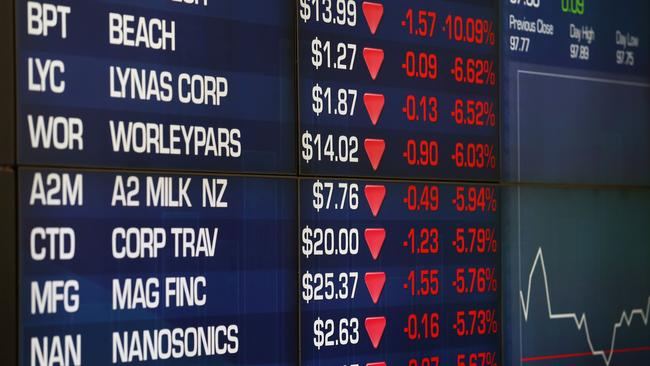 A price board at the Australian Stock Exchange in Sydney yesterday. Picture: John Feder