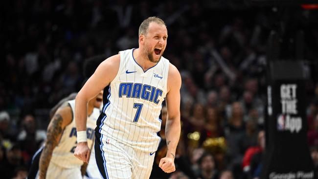 Australian Boomer Joe Ingles of the Orlando Magic celebrates after scoring during the fourth quarter of game five of the Eastern Conference First Round Play-offs against the Cleveland Cavaliers at Rocket Mortgage Fieldhouse in Cleveland, Ohio. Picture: Jason Miller/Getty Images/AFP