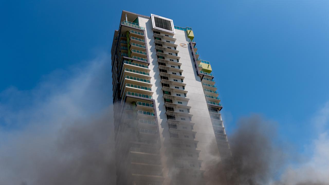 A fire has totally destroyed a house right next to DarwinÃ&#149;s tallest high-rise building, with the full range of emergency services rushing to the scene of the ferocious blaze. The fire on McMinn St is under investigation. picture: Che Chorley