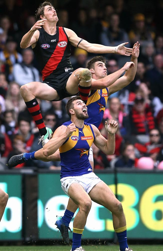 Joe Daniher leaps over the pack at Etihad Stadium. Picture: Wayne Ludbey