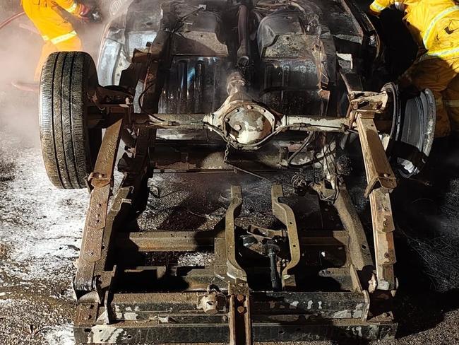 The ute was found flipped upside down and up in flames. Picture: Facebook/Fish Creek CFA Fire & Rescue