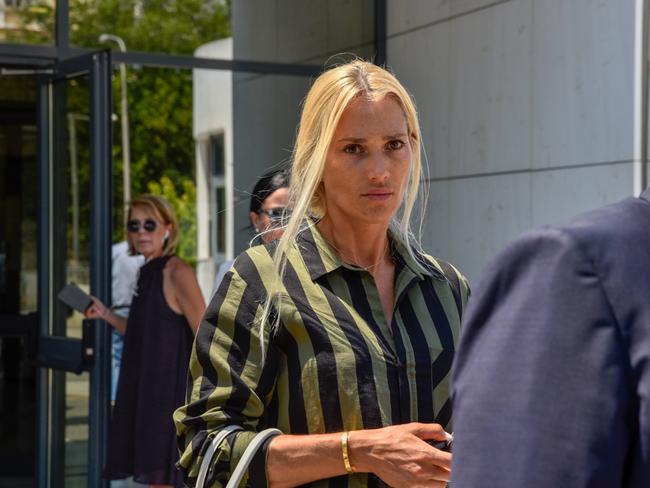 Viktoria Karida, widow of slain Sydney gangster John Macris, at court in Greece on July 1, 2020, where two Bulgarian brothers are charged with his execution murder in Athens in October 2018. Picture: Spyros Bakalis