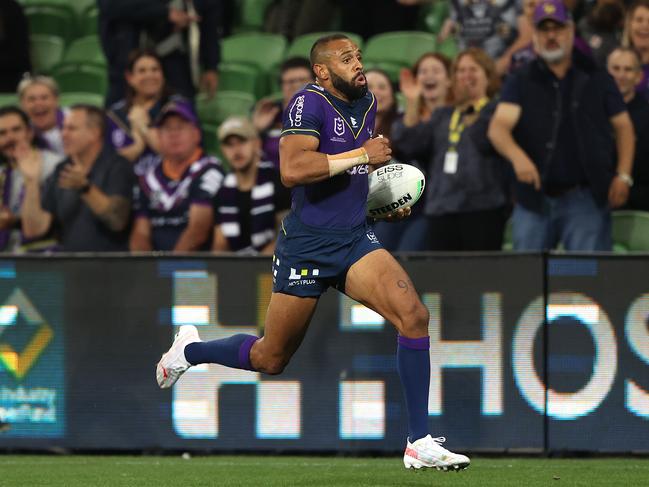 Josh Addo-Carr of the Storm streaks away to score a try/ Picture: Robert Cianflone/Getty Images