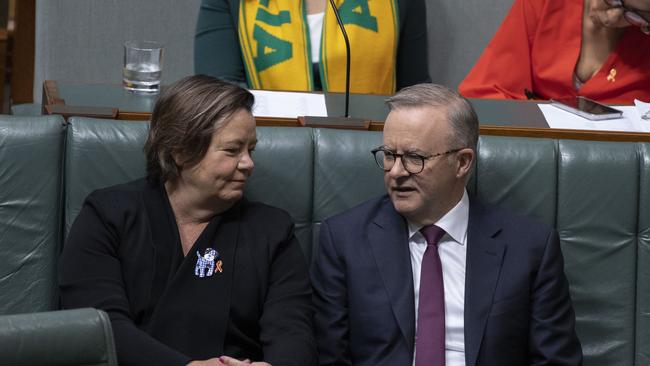 Prime Minister Anthony Albanese speaks with his Resouces Minister Madeleine King in the House of Representatives. Picture: NCA NewsWire / Gary Ramage