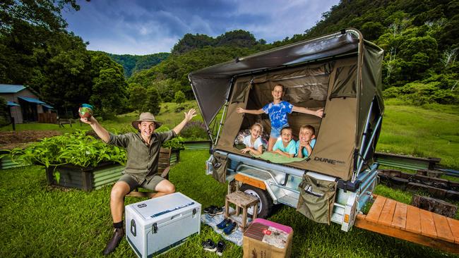 Kenneth Sauer with his kids Abi, 10, Jonah, 8, Ben, 7, Alice, 7, enjoy a camping getaway at Jandarra. Picture: Nigel Hallett