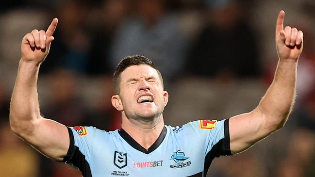 SYDNEY, AUSTRALIA - MAY 21:  Chad Townsend of the Sharks celebrates after kicking a field-goal to win the round 11 NRL match between the Cronulla Sharks and the St George Illawarra Dragons at Netstrata Jubilee Stadium on May 21, 2021, in Sydney, Australia. (Photo by Mark Kolbe/Getty Images)