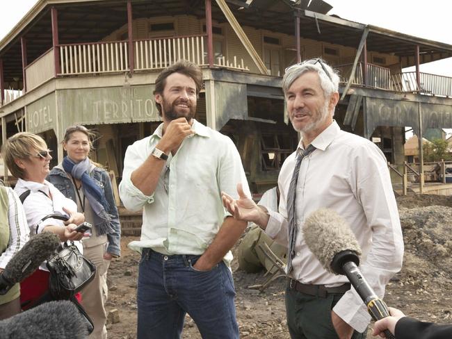 Hugh Jackman and Baz Luhrmann talk to the media on the set of the film Australia.