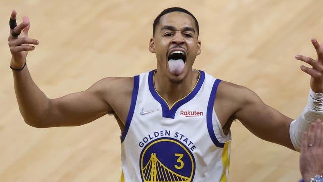 SAN FRANCISCO, CALIFORNIA - JUNE 13: Jordan Poole #3 of the Golden State Warriors celebrates a three point basket during the third quarter against the Boston Celtics in Game Five of the 2022 NBA Finals at Chase Center on June 13, 2022 in San Francisco, California. NOTE TO USER: User expressly acknowledges and agrees that, by downloading and/or using this photograph, User is consenting to the terms and conditions of the Getty Images License Agreement. (Photo by Lachlan Cunningham/Getty Images)