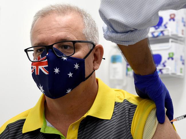 SYDNEY, AUSTRALIA - NewsWire Photos MARCH, 14, 2021: Prime Minster Scott Morrison is seen receiving his second and final COVID-19 vaccination shot at the Castle Hill Medical Centre, in Sydney. Picture: NCA NewsWire/Bianca De Marchi