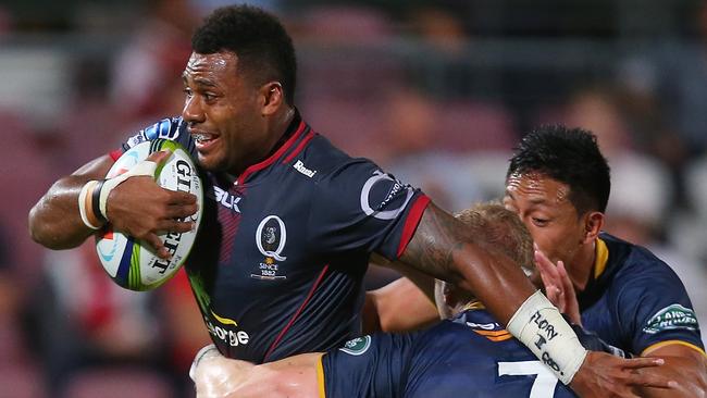 BRISBANE, AUSTRALIA - FEBRUARY 12: Samu Kerevi of the Reds is tackled by David Pocock of the Brumbies during the Super Rugby Pre-Season match between the Reds and the Brumbies at Ballymore Stadium on February 12, 2016 in Brisbane, Australia. (Photo by Chris Hyde/Getty Images)