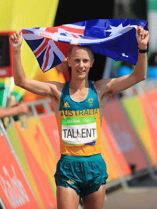 Jared Tallent celebrates his silver medal winning effort in the men’s 50km walk. Picture: Alex Coppel