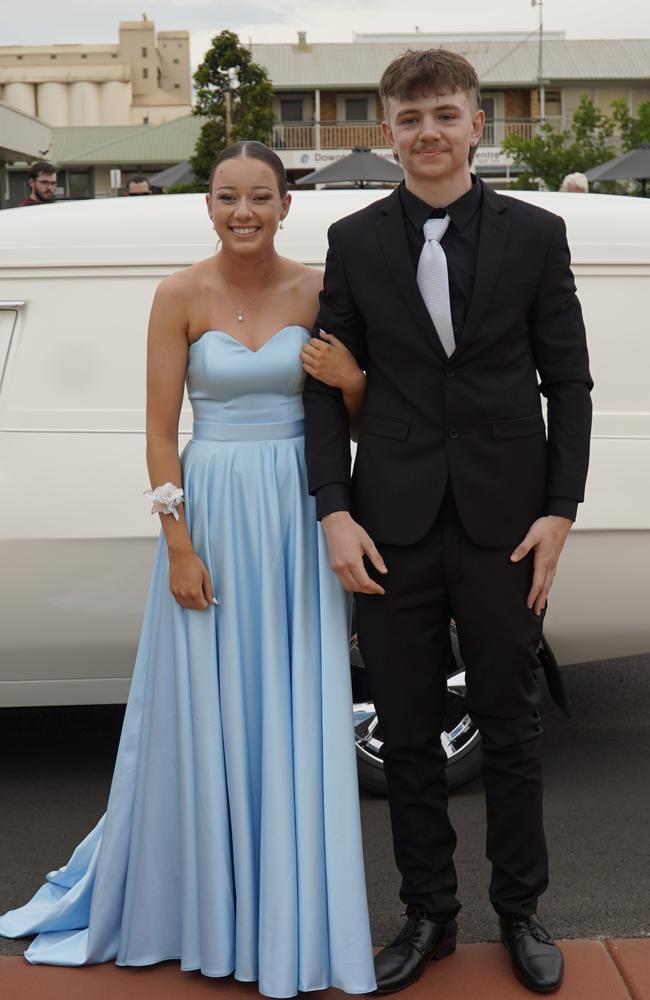 Abby Burrows and Sam Moseling arriving at the 2023 Kingaroy State High School formal.