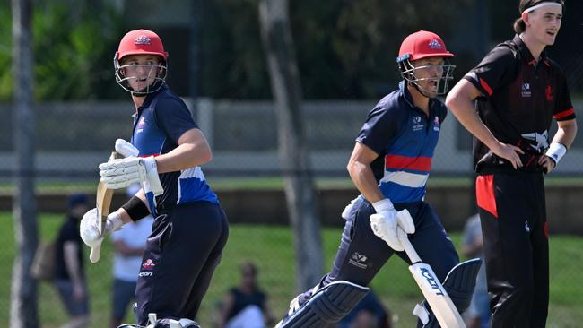 Footscray’s Dylan Brasher and Daniel Sartori during the Premier Cricket match between Footscray and Essendon at Merv Hughes Oval. Picture:Andy Brownbill