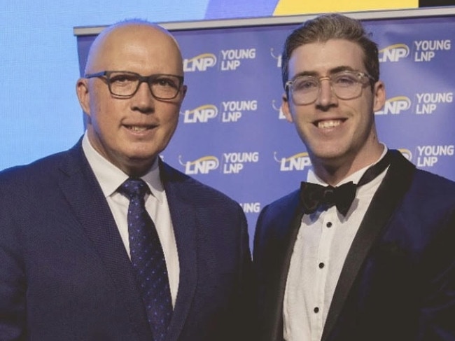 Opposition leader Peter Dutton and former Young LNP president Darcy Creighton at the Young LNP Gala Ball in May. Picture: Instagram.