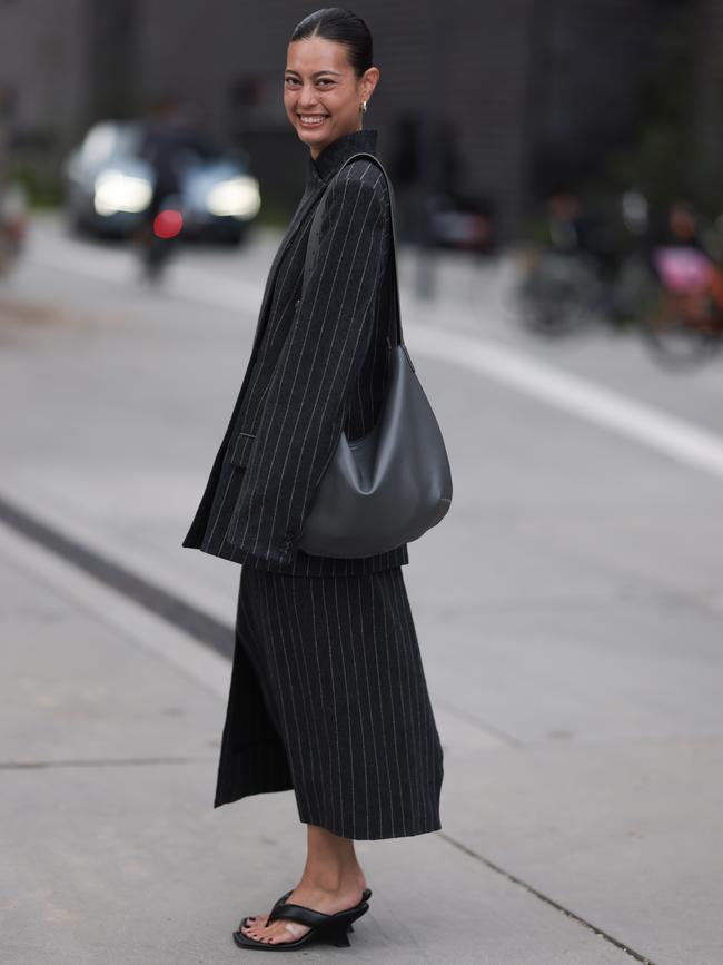 A guest wears heeled thongs at fashion week. Picture: Getty Images