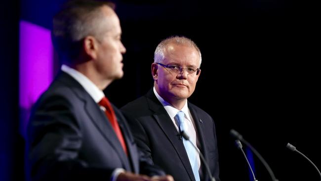 Bill Shorten and Scott Morrison during the leaders’ debate. Picture: Liam Kidston