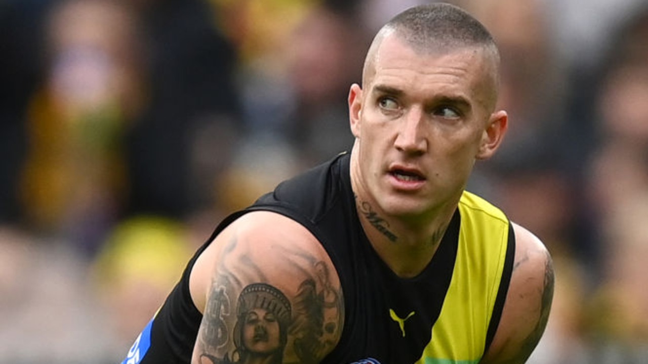 MELBOURNE, AUSTRALIA - MAY 07: Dustin Martin of the Tigers catches his breath during the round eight AFL match between the Richmond Tigers and the Collingwood Magpies at Melbourne Cricket Ground on May 07, 2022 in Melbourne, Australia. (Photo by Quinn Rooney/Getty Images)