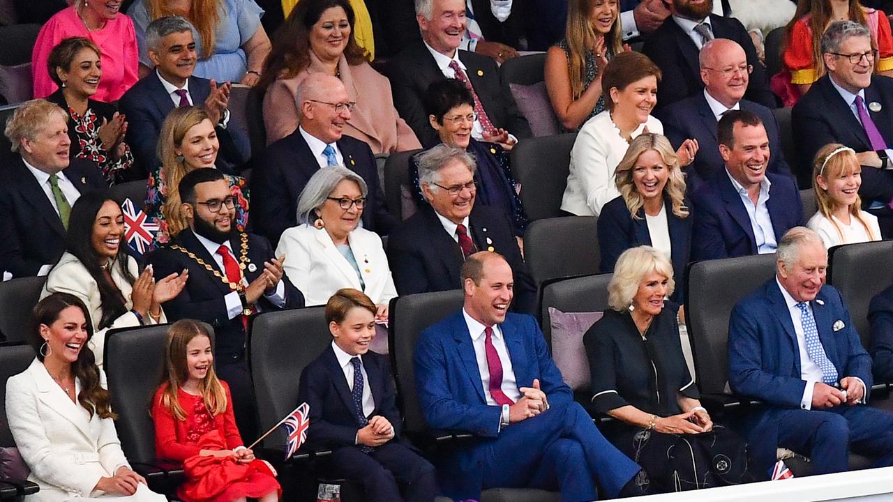 Catherine, Duchess of Cambridge, Princess Charlotte of Cambridge, Prince George of Cambridge, Prince William, Duke of Cambridge, Camilla, Duchess of Cornwall and Prince Charles, Prince of Wales attend the Platinum Party. Picture: Getty