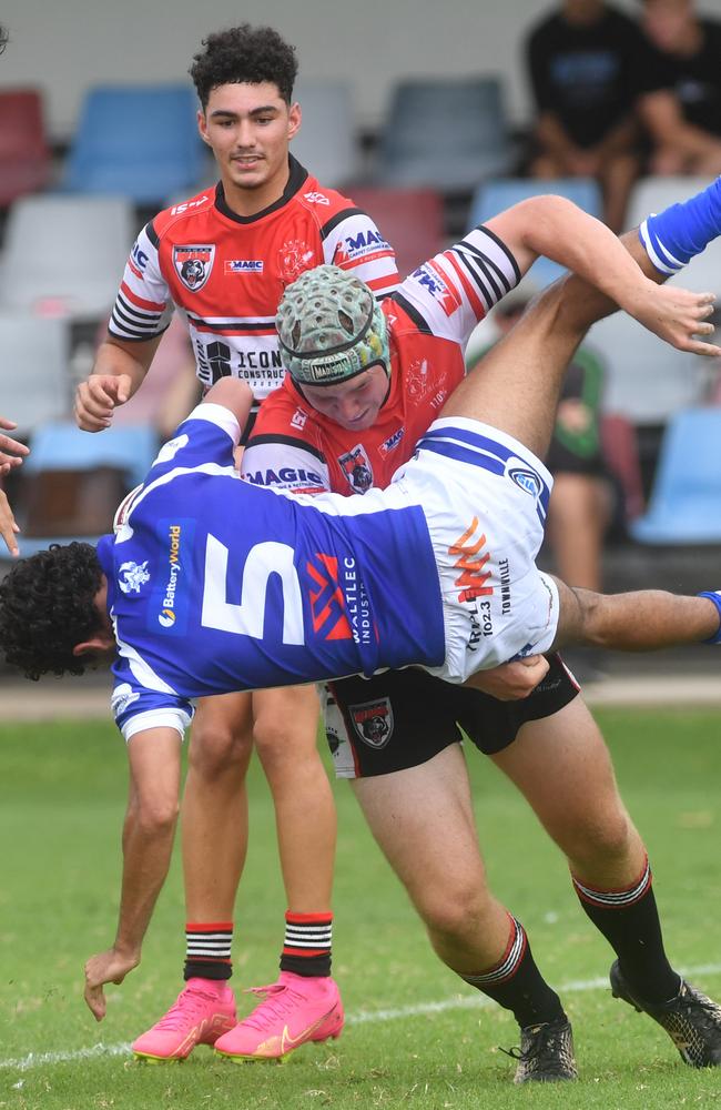 Kirwan High against Ignatius Park College in the Northern Schoolboys Under-18s trials at Brothers Rugby League Club in Townsville. Iggy number 5 Mason Saltner and Kirwan number 13 Diesel Taylor. Picture: Evan Morgan