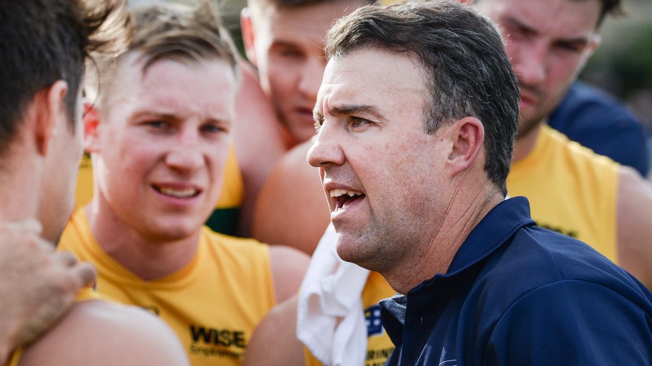 Eagles coach Jade Sheedy addresses his charges. Picture: Brenton Edwards.