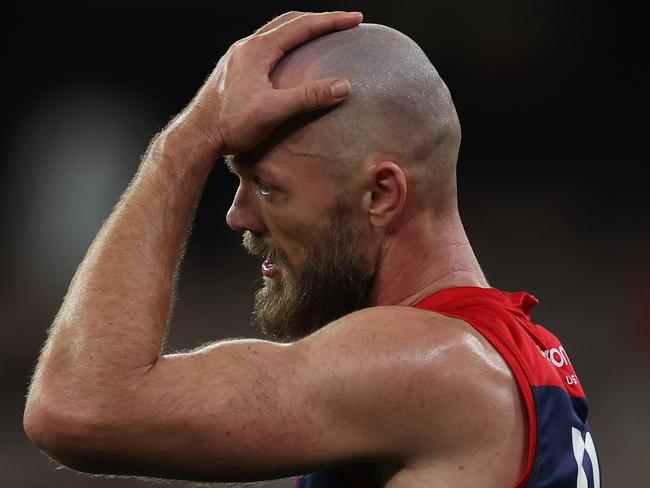 MELBOURNE, AUSTRALIA - JULY 27: Max Gawn of the Demons reacts on the final siren during the round 20 AFL match between Melbourne Demons and Greater Western Sydney Giants at Melbourne Cricket Ground, on July 27, 2024, in Melbourne, Australia. (Photo by Daniel Pockett/Getty Images)