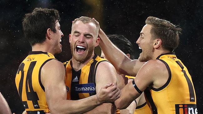 Hawthorn's Tom Mitchell celebrates goal during AFL match between the Sydney Swans and Hawthorn Hawks at the SCG. Picture. Phil Hillyard