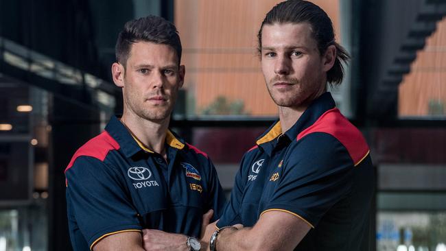 Sam Gibson and Bryce Gibbs after they were traded to the Crows in the off-season. Picture: Jake Nowakowski