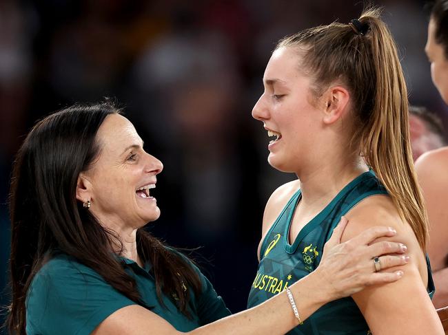 Team Australia head coach Sandy Brondello celebrates with Isobel Borlase. Photo: Gregory Shamus/Getty Images.